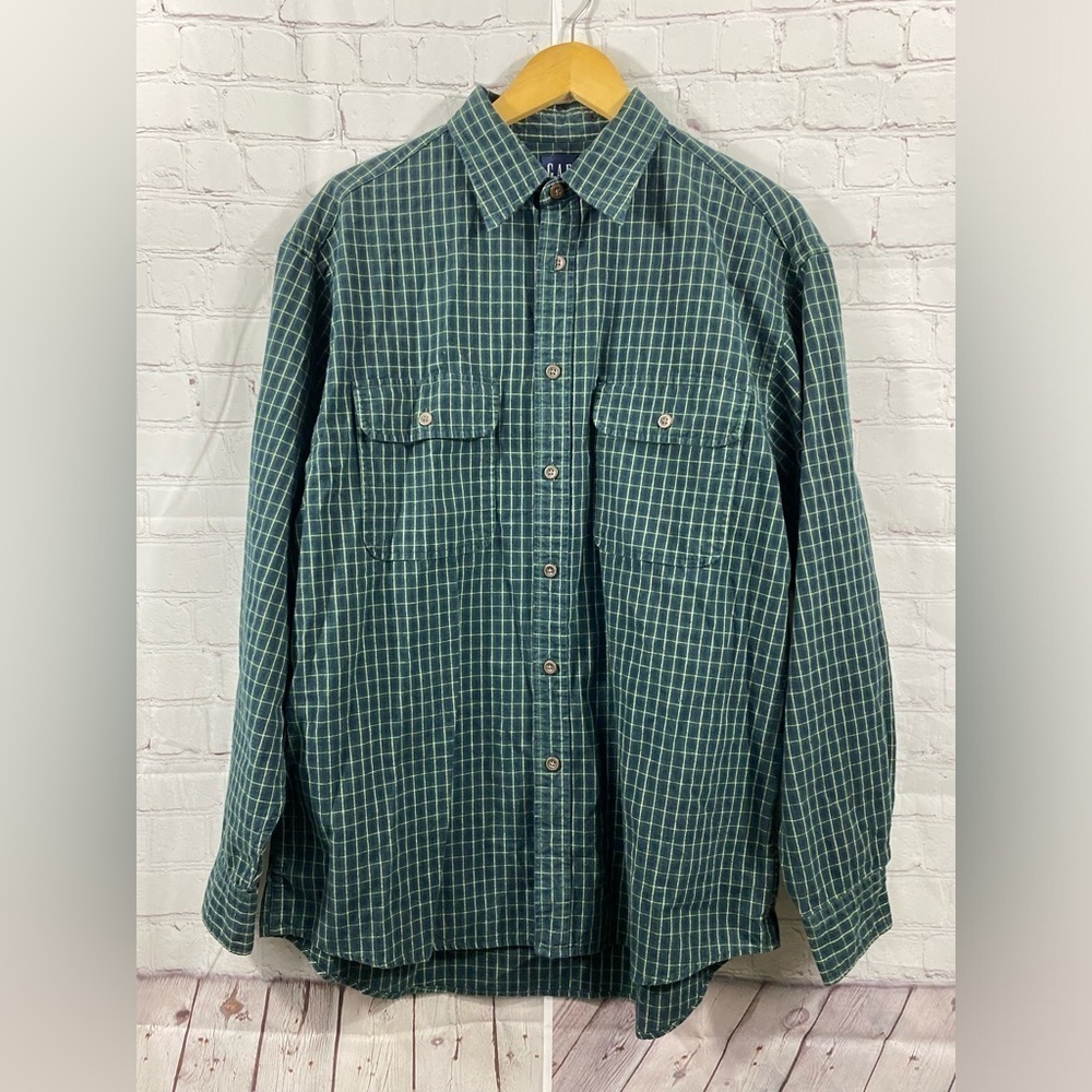 Gap Mens Size Medium Long Sleeves Button Up Green Plaid Cotton Flannel Shirt